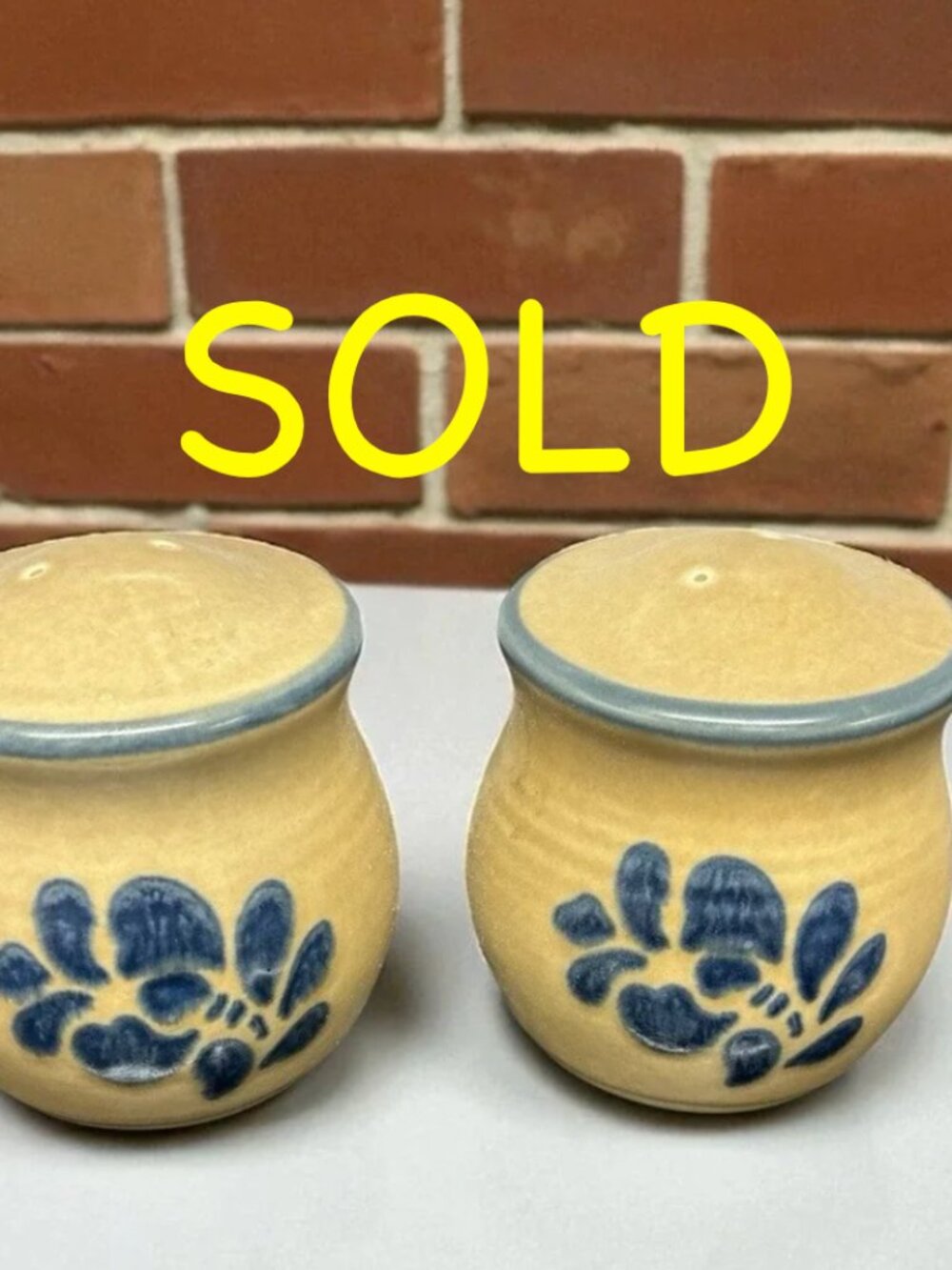 SOLD Tan / Blue Salt & Pepper Stoneware Set Discontinued Vintage